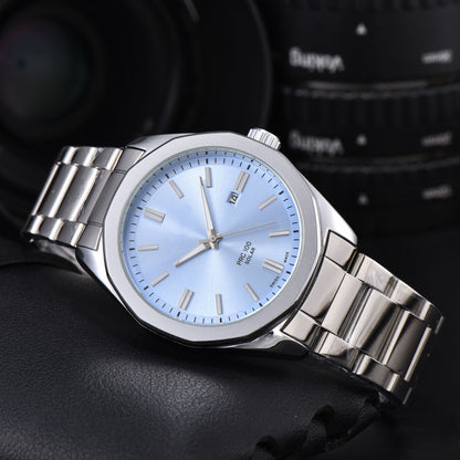Men's Quartz Watch With Round Dial, Steel Belt Strap, Pin Buckle, And Tempered Glass Mirror