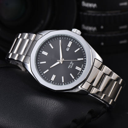 Men's Quartz Watch With Round Dial, Steel Belt Strap, Pin Buckle, And Tempered Glass Mirror