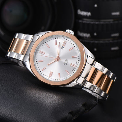 Men's Quartz Watch With Round Dial, Steel Belt Strap, Pin Buckle, And Tempered Glass Mirror