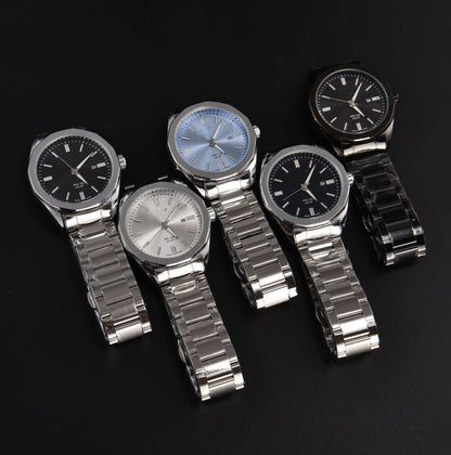 Men's Quartz Watch With Round Dial, Steel Belt Strap, Pin Buckle, And Tempered Glass Mirror