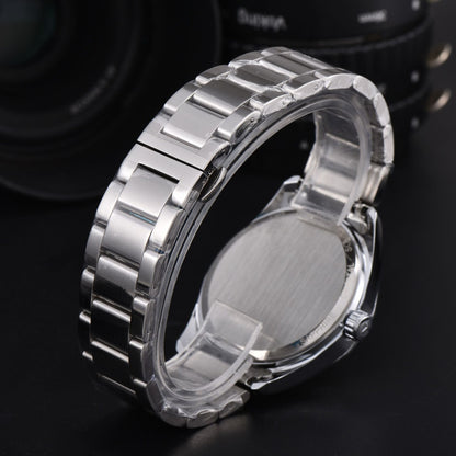 Men's Quartz Watch With Round Dial, Steel Belt Strap, Pin Buckle, And Tempered Glass Mirror