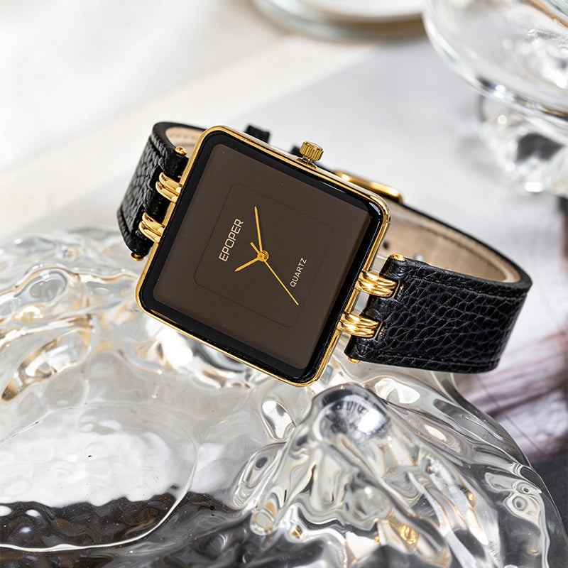 Men's Quartz Watch With Square Dial, Genuine Leather Strap, Tempered Glass Mirror, And Pointer Display Featuring Pin Buckle
