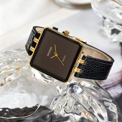 Men's Quartz Watch With Square Dial, Genuine Leather Strap, Tempered Glass Mirror, And Pointer Display Featuring Pin Buckle