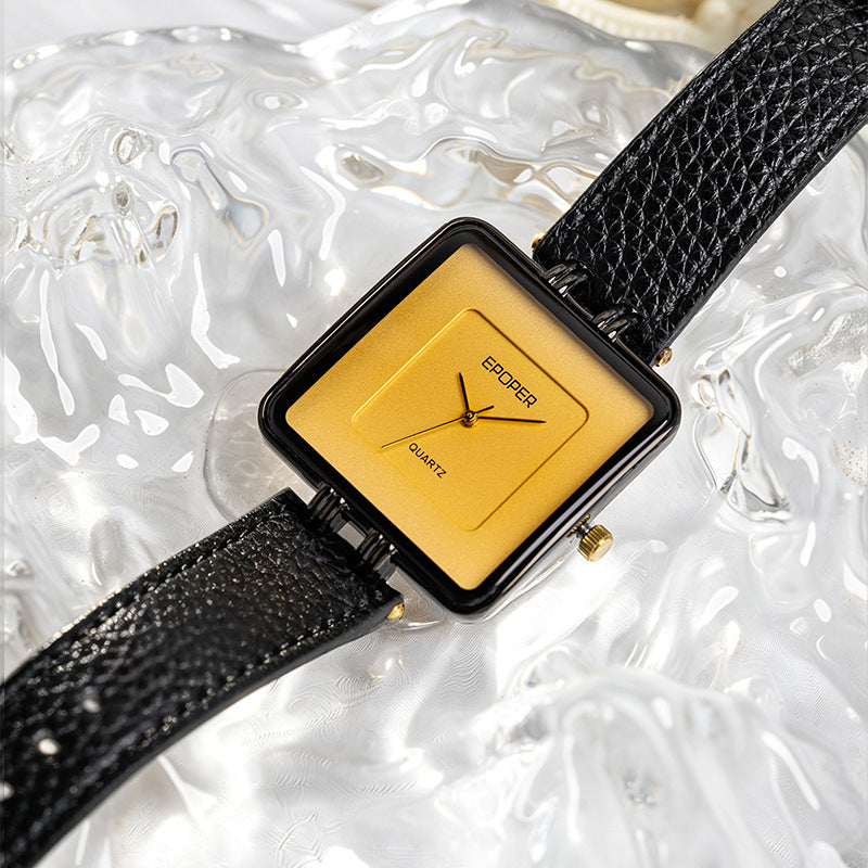 Men's Quartz Watch With Square Dial, Genuine Leather Strap, Tempered Glass Mirror, And Pointer Display Featuring Pin Buckle