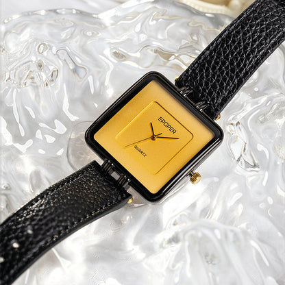 Men's Quartz Watch With Square Dial, Genuine Leather Strap, Tempered Glass Mirror, And Pointer Display Featuring Pin Buckle