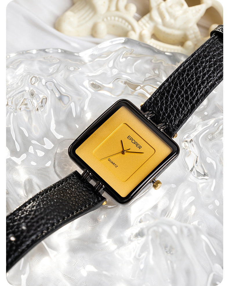 Men's Quartz Watch With Square Dial, Genuine Leather Strap, Tempered Glass Mirror, And Pointer Display Featuring Pin Buckle