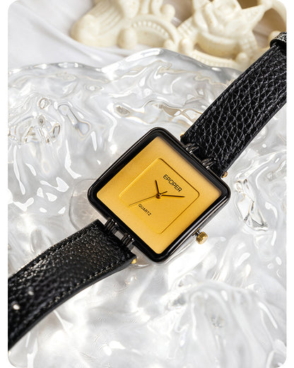 Men's Quartz Watch With Square Dial, Genuine Leather Strap, Tempered Glass Mirror, And Pointer Display Featuring Pin Buckle