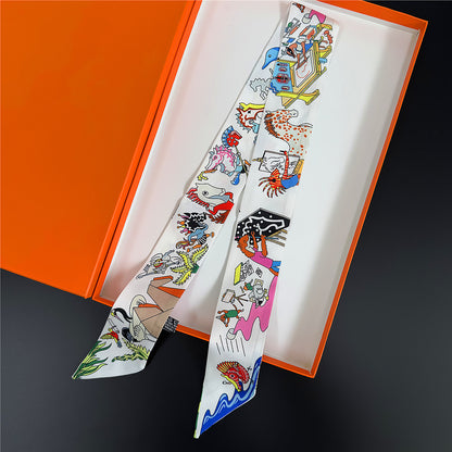 Silk Scarf Featuring Horse Pattern Made Of Polyester, Perfect For Spring