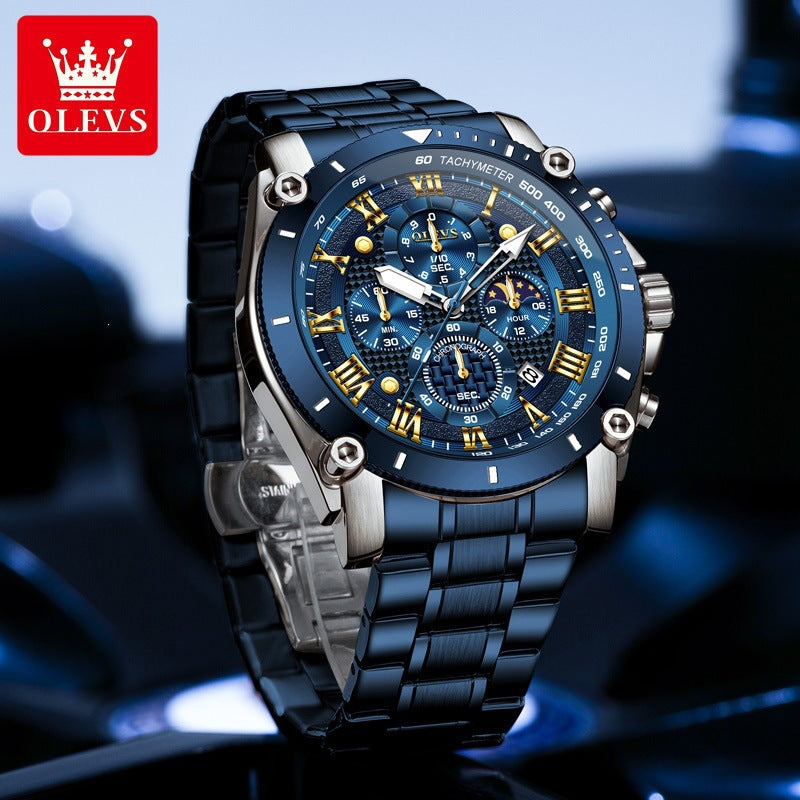 Men's Quartz Watch With Round Dial, Steel Belt Strap, Coated Glass Mirror, Pointer Display, And Butterfly Double Snap Buckle
