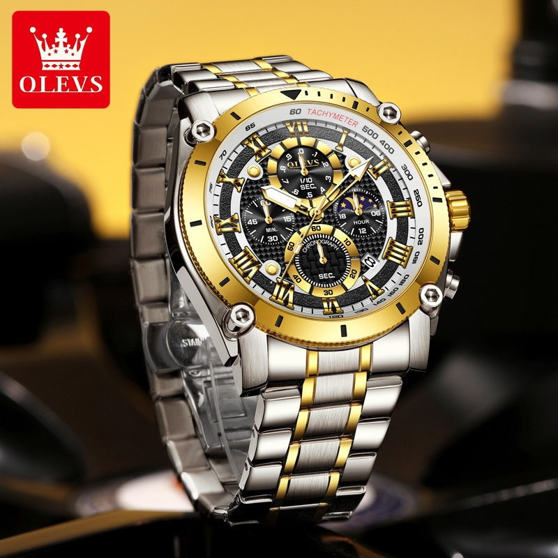 Men's Quartz Watch With Round Dial, Steel Belt Strap, Coated Glass Mirror, Pointer Display, And Butterfly Double Snap Buckle