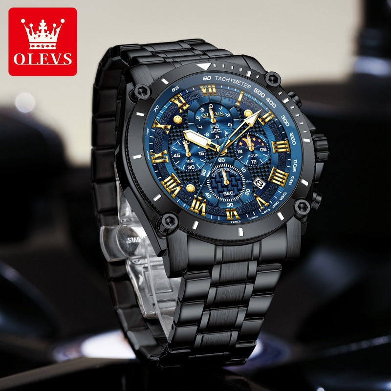 Men's Quartz Watch With Round Dial, Steel Belt Strap, Coated Glass Mirror, Pointer Display, And Butterfly Double Snap Buckle