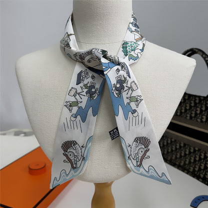 Silk Scarf Featuring Horse Pattern Made Of Polyester, Perfect For Spring