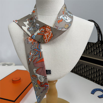 Silk Scarf Featuring Horse Pattern Made Of Polyester, Perfect For Spring