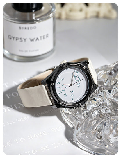 Unisex Quartz Watch With Genuine Leather Strap And Horseshoe Buckle, Round Dial Featuring Tempered Glass And Pointer Display