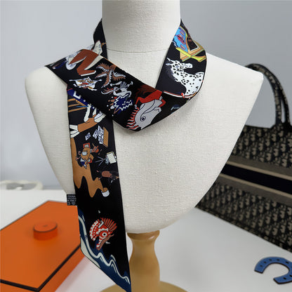 Silk Scarf Featuring Horse Pattern Made Of Polyester, Perfect For Spring