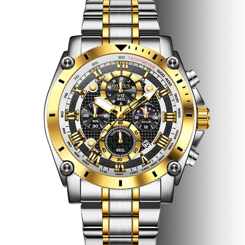 Men's Quartz Watch With Round Dial, Steel Belt Strap, Coated Glass Mirror, Pointer Display, And Butterfly Double Snap Buckle