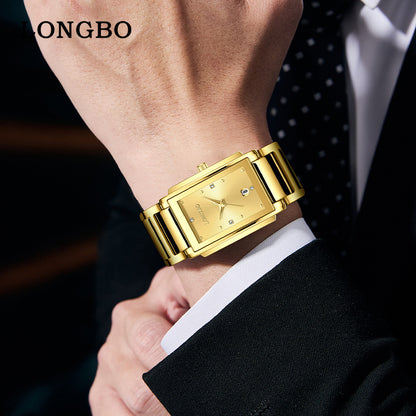 Men's Quartz Watch With Stainless Steel Strap And Rectangle Dial Featuring Tempered Glass Mirror And Butterfly Double Snap Buckle