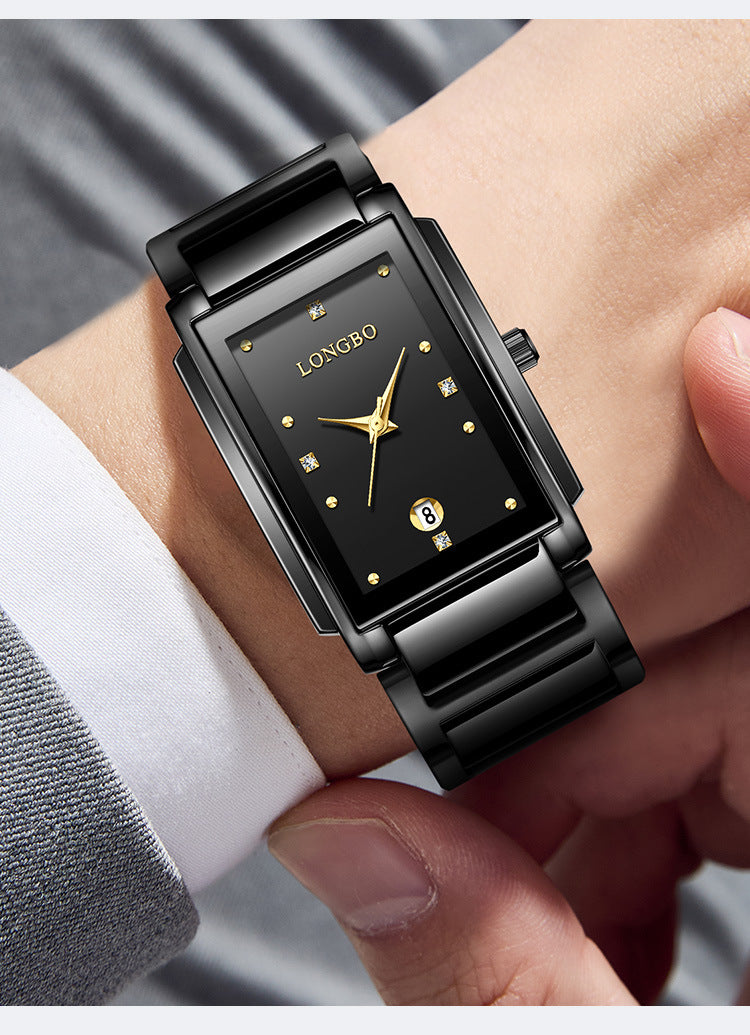 Men's Quartz Watch With Stainless Steel Strap And Rectangle Dial Featuring Tempered Glass Mirror And Butterfly Double Snap Buckle