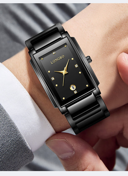 Men's Quartz Watch With Stainless Steel Strap And Rectangle Dial Featuring Tempered Glass Mirror And Butterfly Double Snap Buckle