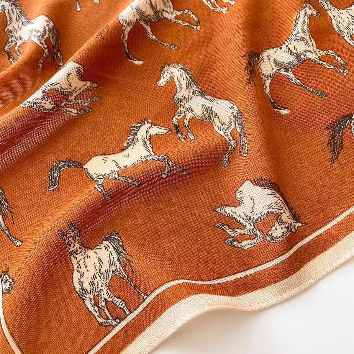 Women's Horse Pattern Bandana Scarf In Dyed Black Wool, Perfect For Spring