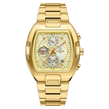 Men's Quartz Watch With Barrel Shape Dial, Stainless Steel Strap, Double Side Snaps Buckle, And Tempered Glass Mirror