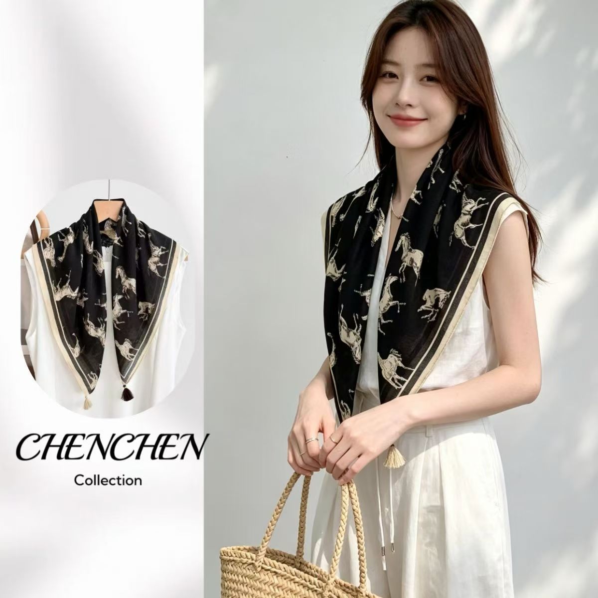 Women's Horse Pattern Bandana Scarf In Dyed Black Wool, Perfect For Spring