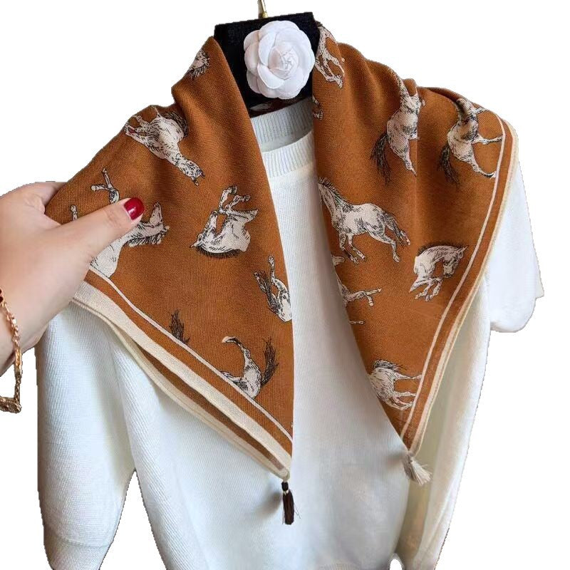 Women's Horse Pattern Bandana Scarf In Dyed Black Wool, Perfect For Spring