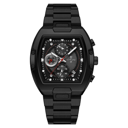 Men's Quartz Watch With Barrel Shape Dial, Stainless Steel Strap, Double Side Snaps Buckle, And Tempered Glass Mirror