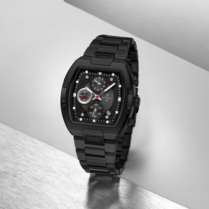 Men's Quartz Watch With Barrel Shape Dial, Stainless Steel Strap, Double Side Snaps Buckle, And Tempered Glass Mirror