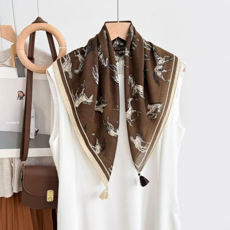 Women's Horse Pattern Bandana Scarf In Dyed Black Wool, Perfect For Spring