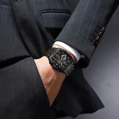 Men's Quartz Watch With Barrel Shape Dial, Stainless Steel Strap, Double Side Snaps Buckle, And Tempered Glass Mirror