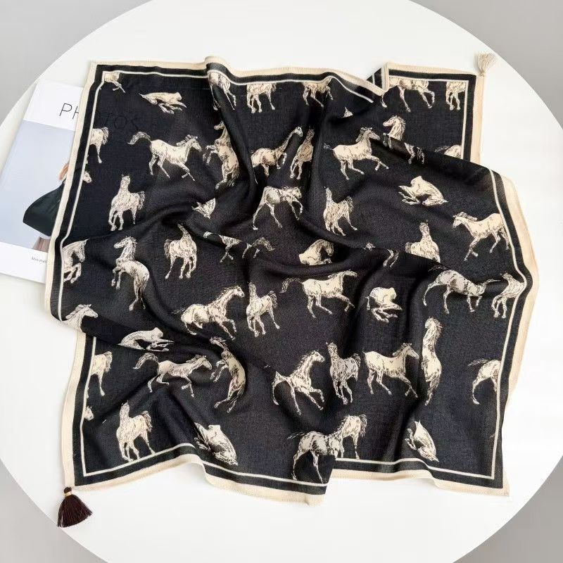 Women's Horse Pattern Bandana Scarf In Dyed Black Wool, Perfect For Spring