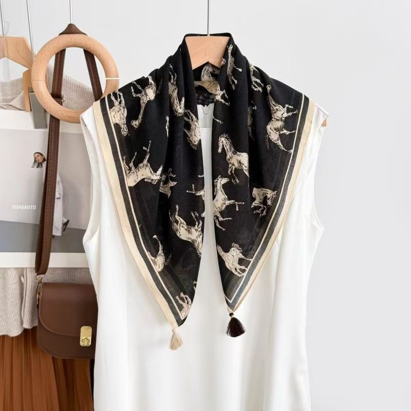 Women's Horse Pattern Bandana Scarf In Dyed Black Wool, Perfect For Spring