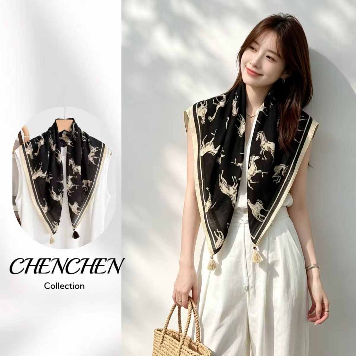 Women's Horse Pattern Bandana Scarf In Dyed Black Wool, Perfect For Spring