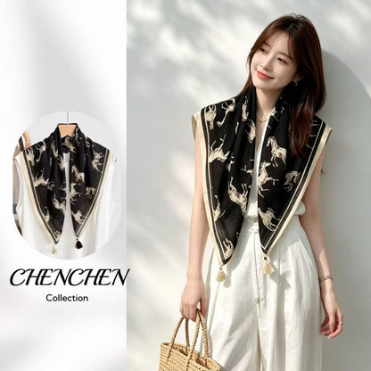 Women's Horse Pattern Bandana Scarf In Dyed Black Wool, Perfect For Spring