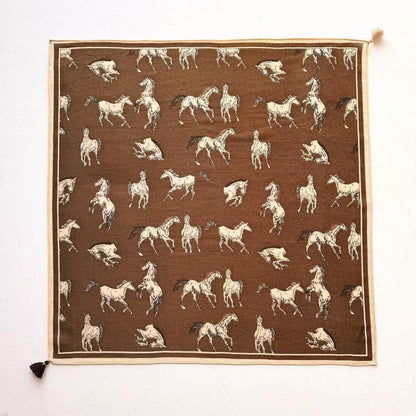 Women's Horse Pattern Bandana Scarf In Dyed Black Wool, Perfect For Spring
