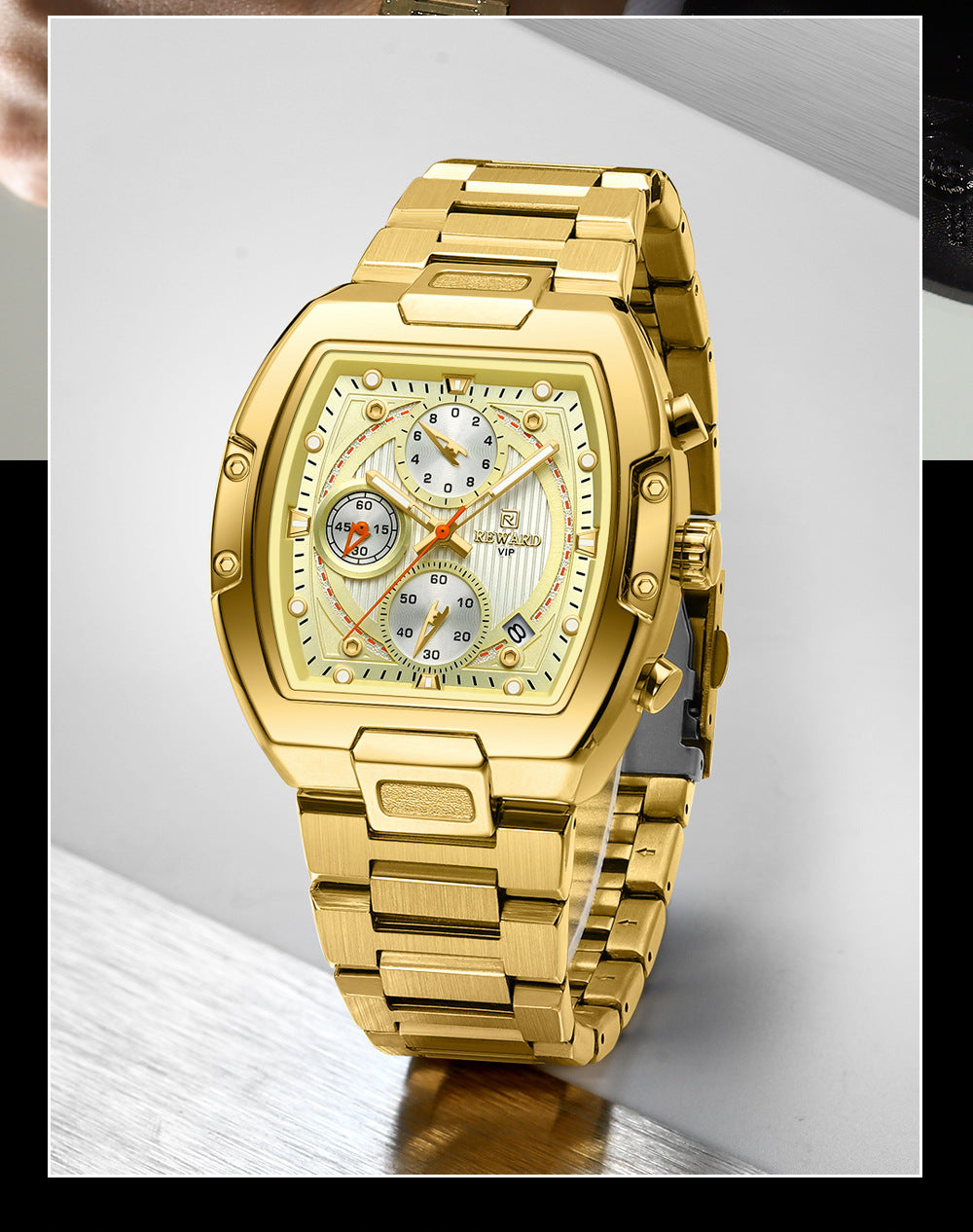 Men's Quartz Watch With Barrel Shape Dial, Stainless Steel Strap, Double Side Snaps Buckle, And Tempered Glass Mirror