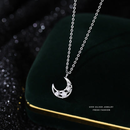 Moon Choker For Women In S999 Silver With Zircon Inlay, Elegant Silver Necklace