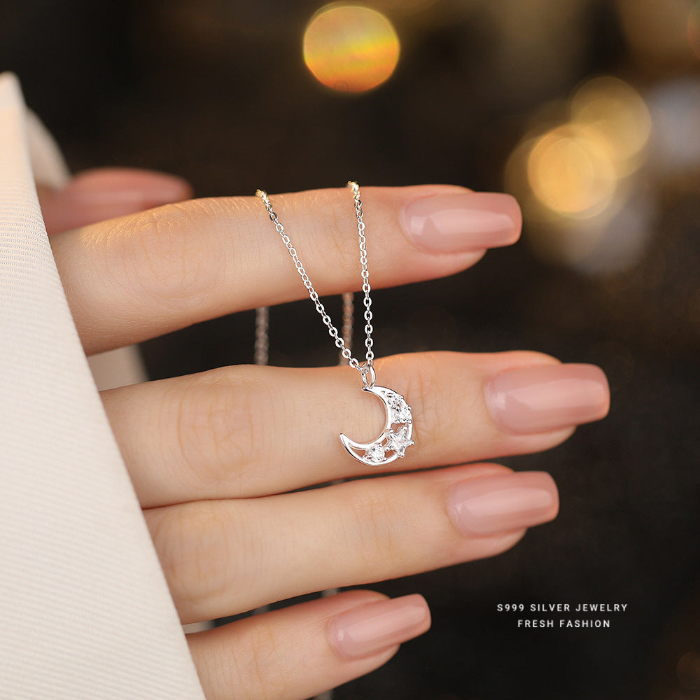 Moon Choker For Women In S999 Silver With Zircon Inlay, Elegant Silver Necklace