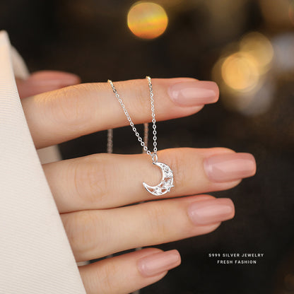 Moon Choker For Women In S999 Silver With Zircon Inlay, Elegant Silver Necklace