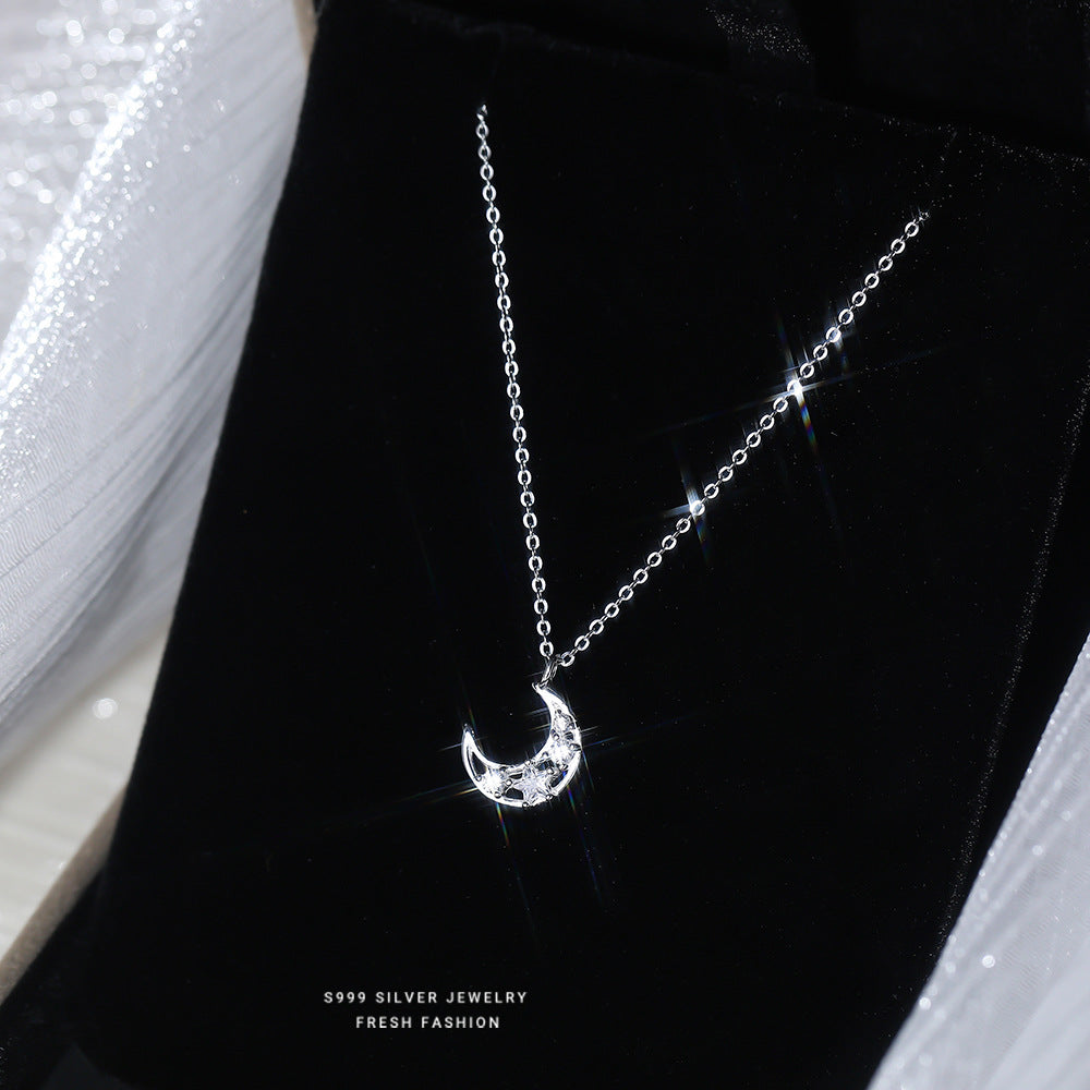 Moon Choker For Women In S999 Silver With Zircon Inlay, Elegant Silver Necklace