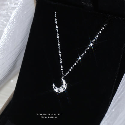 Moon Choker For Women In S999 Silver With Zircon Inlay, Elegant Silver Necklace