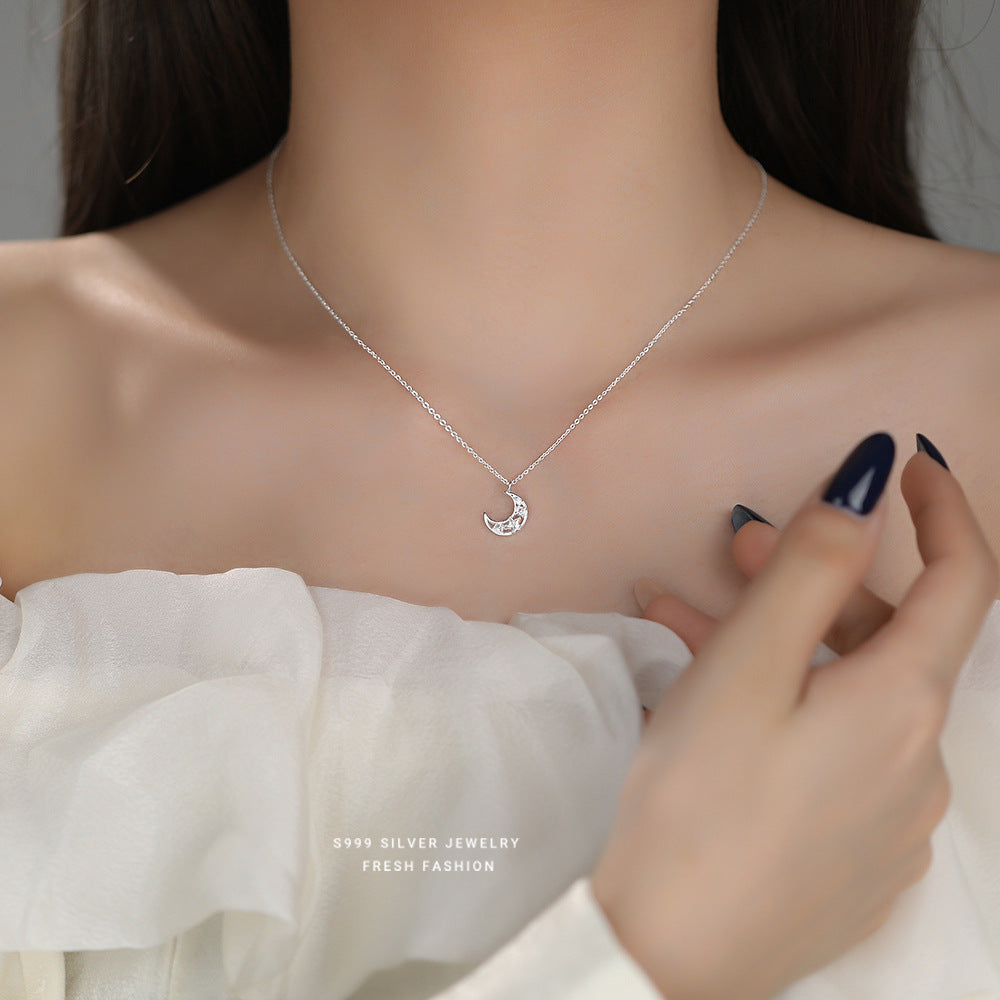 Moon Choker For Women In S999 Silver With Zircon Inlay, Elegant Silver Necklace