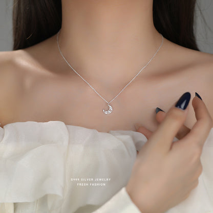 Moon Choker For Women In S999 Silver With Zircon Inlay, Elegant Silver Necklace
