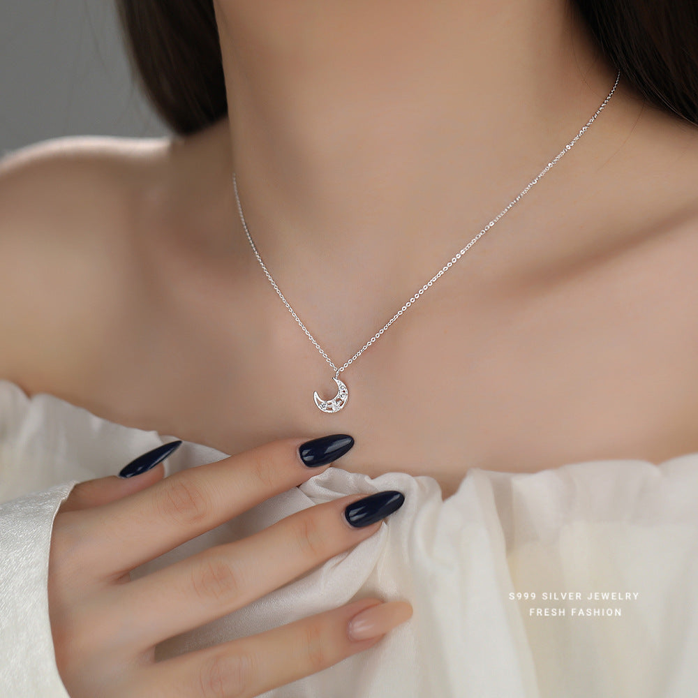 Moon Choker For Women In S999 Silver With Zircon Inlay, Elegant Silver Necklace