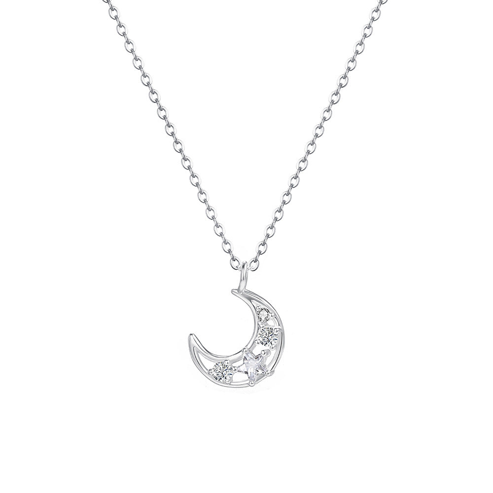 Moon Choker For Women In S999 Silver With Zircon Inlay, Elegant Silver Necklace