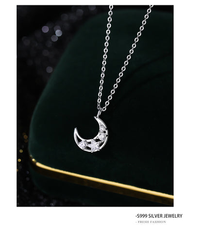 Moon Choker For Women In S999 Silver With Zircon Inlay, Elegant Silver Necklace