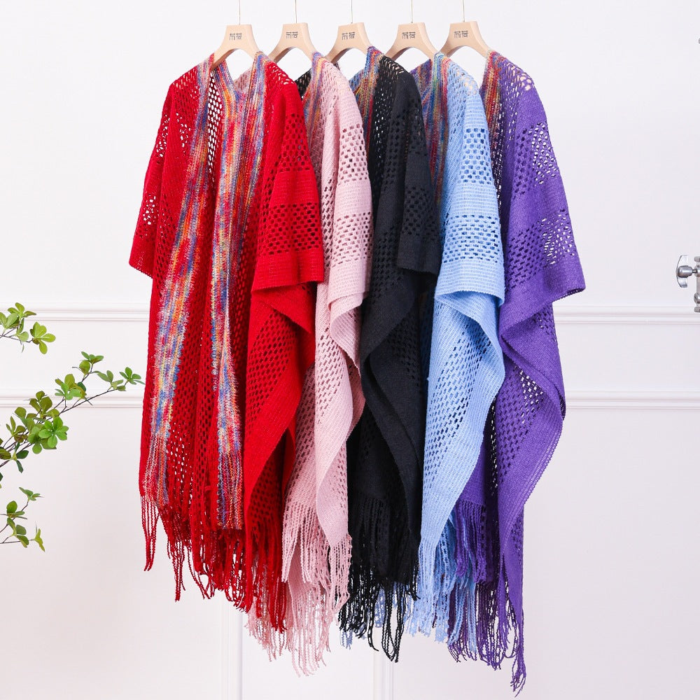 Solid Color Knit Shawl For Women In Dyed Black, Perfect For Spring Season