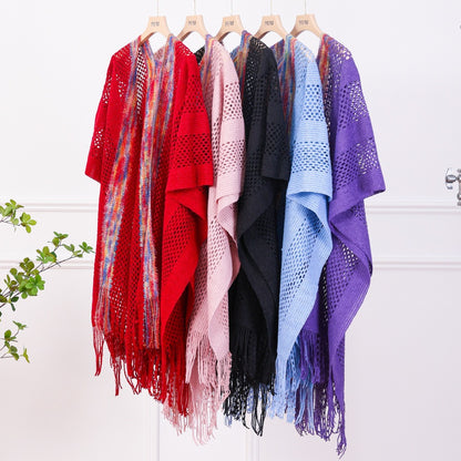 Solid Color Knit Shawl For Women In Dyed Black, Perfect For Spring Season