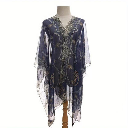 Women’s Chiffon Shawl With Chains Print In Navy Blue, Perfect For Summer